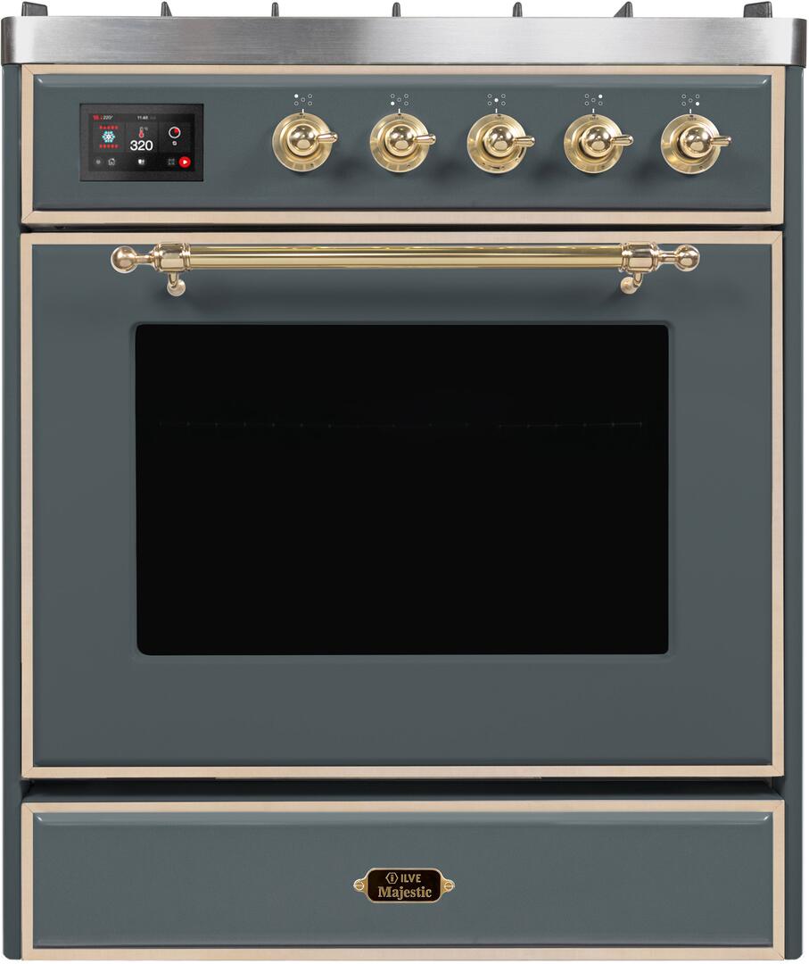 Ilve UM30DNE3BGG Majestic Ii 30 Inch Dual Fuel Natural Gas Freestanding Range In Blue Grey With Brass Trim