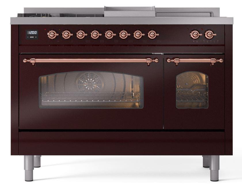 Ilve UP48FSNMPBUPLP Nostalgie Ii 48 Inch Dual Fuel Liquid Propane Freestanding Range In Burgundy With Copper Trim