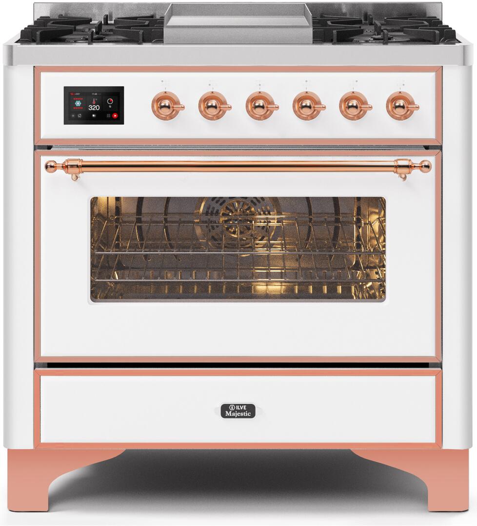 Ilve UM09FDNS3WHPLP Majestic Ii 36 Inch Dual Fuel Liquid Propane Freestanding Range In White With Copper Trim