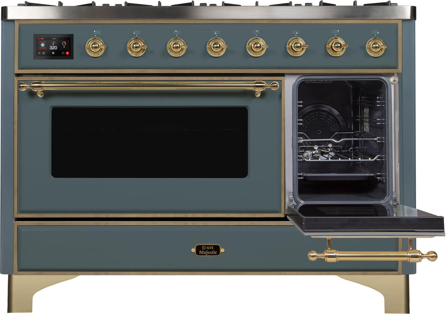 Ilve UM12FDNS3BGGLP Majestic Ii 48 Inch Dual Fuel Liquid Propane Freestanding Range In Blue Grey With Brass Trim