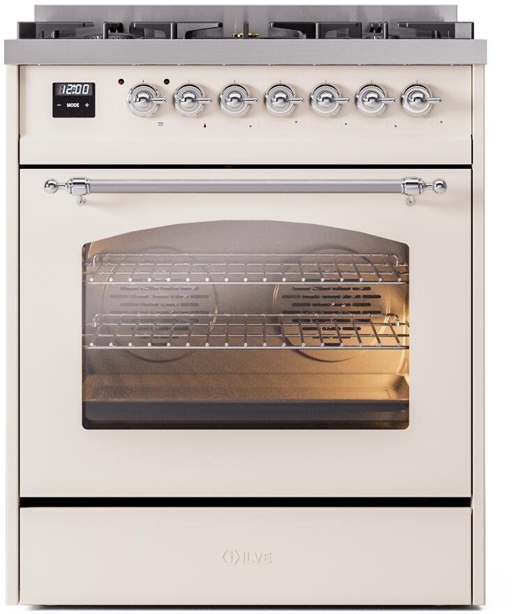 Ilve UP30NMPAWCLP Nostalgie Ii 30 Inch Dual Fuel Liquid Propane Freestanding Range In Antique White With Chrome Trim