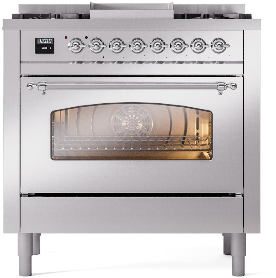 Ilve UP36FNMPSSCLP Nostalgie Ii 36 Inch Dual Fuel Liquid Propane Freestanding Range In Stainless Steel With Chrome Trim