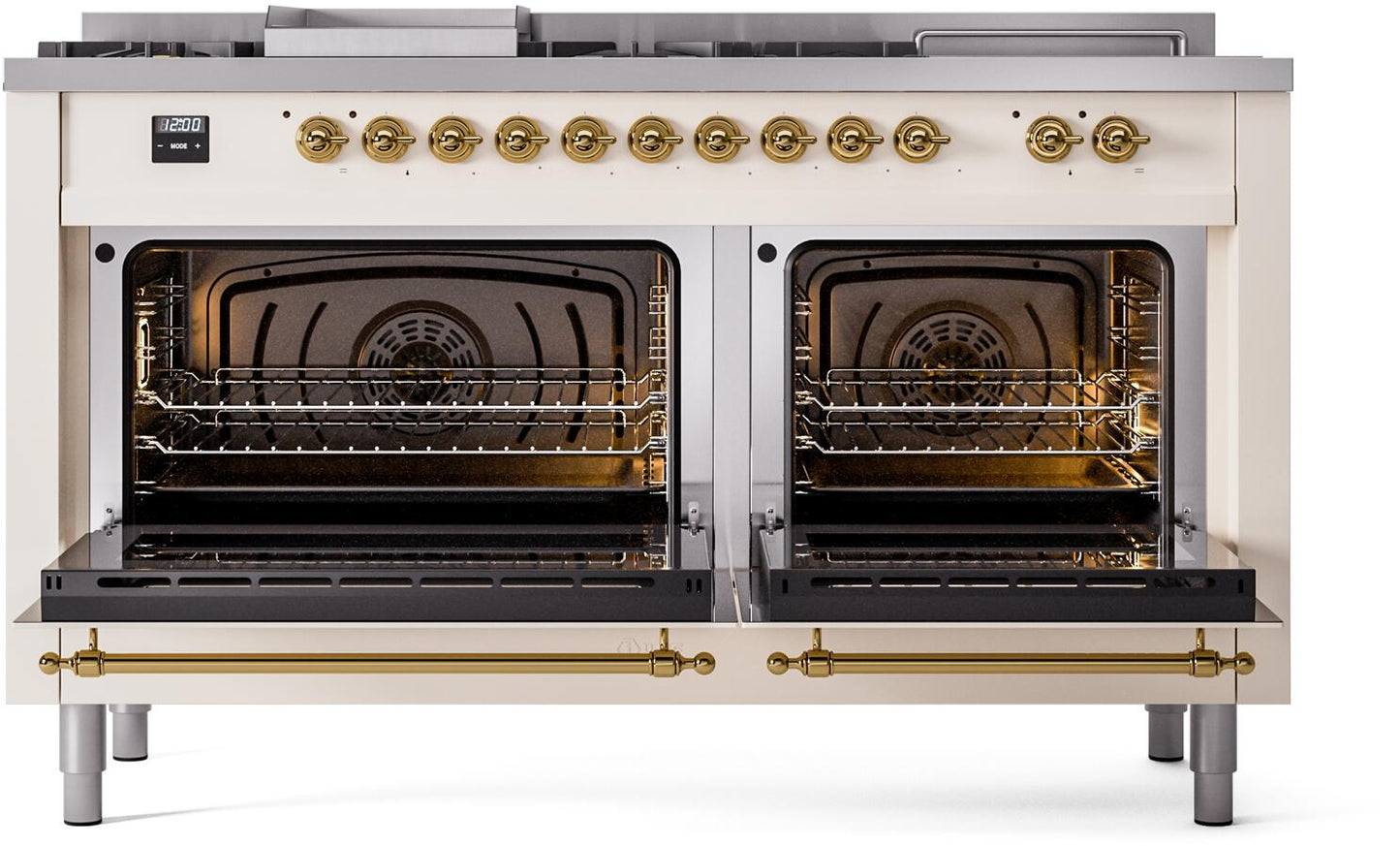 Ilve UP60FSNMPAWG Nostalgie Ii 60 Inch Dual Fuel Natural Gas Freestanding Range In Antique White With Brass Trim