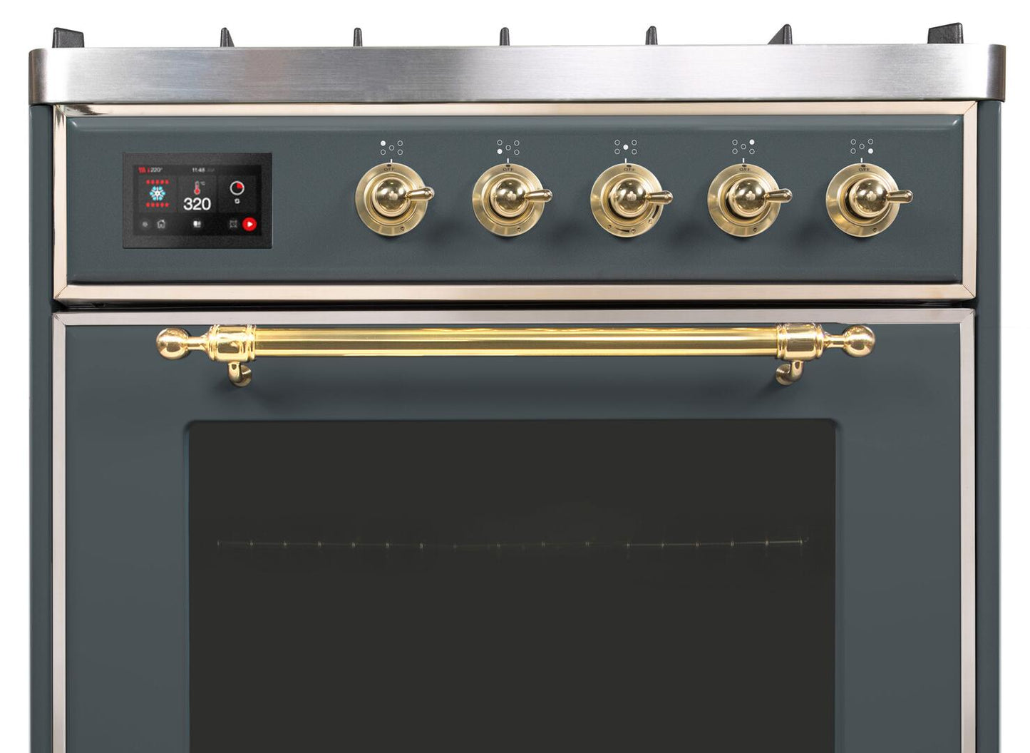 Ilve UM30DNE3BGGLP Majestic Ii 30 Inch Dual Fuel Liquid Propane Freestanding Range In Blue Grey With Brass Trim