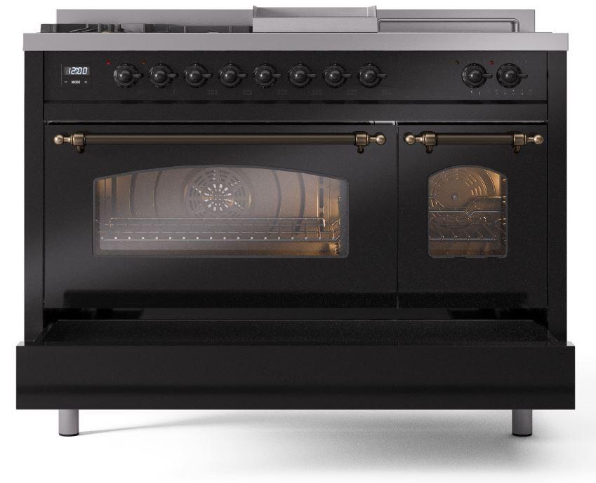 Ilve UP48FSNMPBKBLP Nostalgie Ii 48 Inch Dual Fuel Liquid Propane Freestanding Range In Glossy Black With Bronze Trim