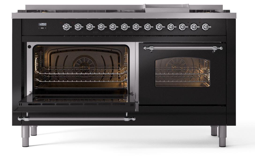 Ilve UP60FNMPBKC Nostalgie Ii 60 Inch Dual Fuel Natural Gas Freestanding Range In Glossy Black With Chrome Trim