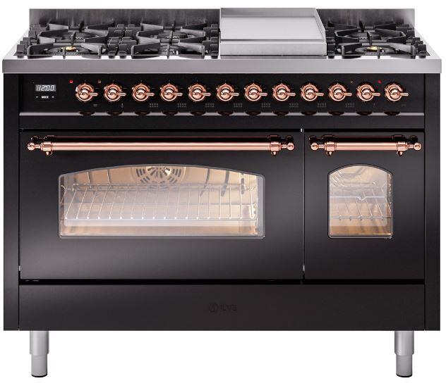 Ilve UP48FNMPBKPLP Nostalgie Ii 48 Inch Dual Fuel Liquid Propane Freestanding Range In Glossy Black With Copper Trim