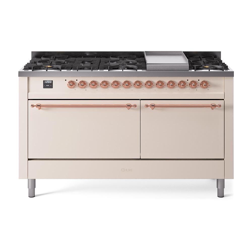 Ilve UP60FQNMPAWP Ilve Nostalgie Ii 60 Up60Fqnmpawp Freestanding Dual Fuel Range With 9 Sealed Burners Double Oven With Solid Door In Antique White With Copper Knobs