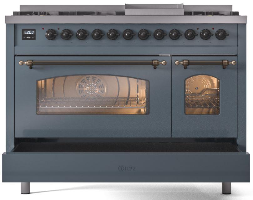 Ilve UP48FNMPBGB Nostalgie Ii 48 Inch Dual Fuel Natural Gas Freestanding Range In Blue Grey With Bronze Trim