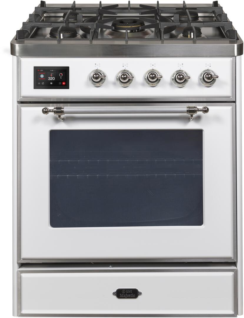 Ilve UM30DNE3WHCLP Majestic Ii 30 Inch Dual Fuel Liquid Propane Freestanding Range In White With Chrome Trim