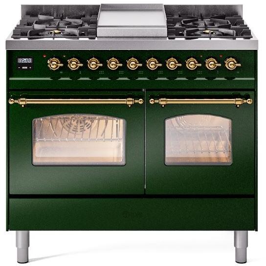 Ilve UPD40FNMPEGG Nostalgie Ii 40 Inch Dual Fuel Natural Gas Freestanding Range In Emerald Green With Brass Trim