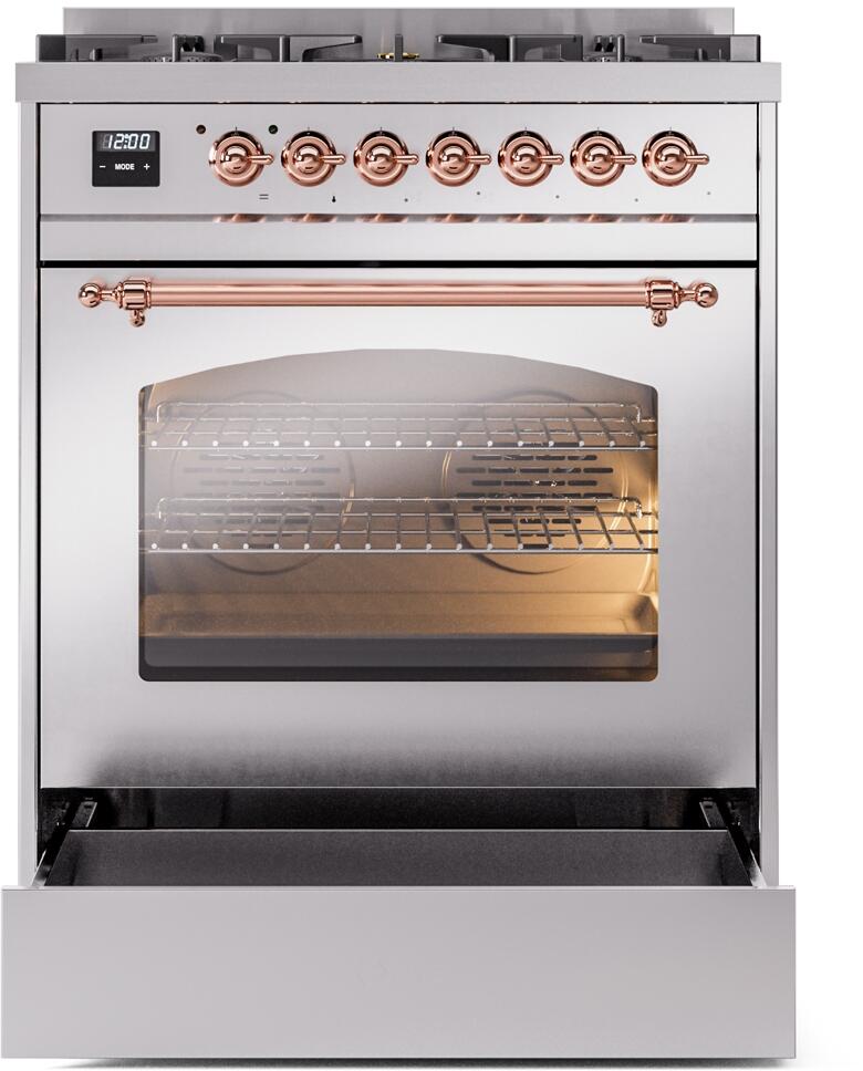 Ilve UP30NMPSSP Nostalgie Ii 30 Inch Dual Fuel Natural Gas Freestanding Range In Stainless Steel With Copper Trim