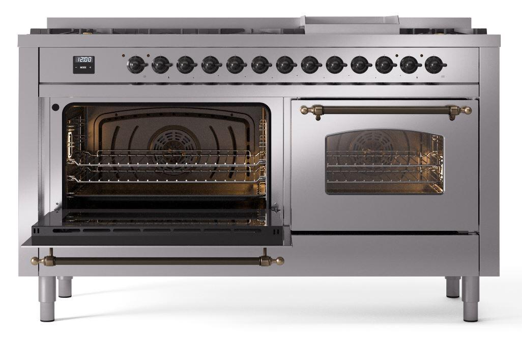 Ilve UP60FNMPSSB Nostalgie Ii 60 Inch Dual Fuel Natural Gas Freestanding Range In Stainless Steel With Bronze Trim