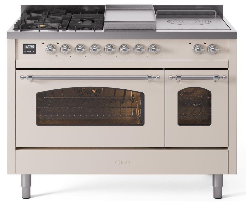 Ilve UP48FSNMPAWC Nostalgie Ii 48 Inch Dual Fuel Natural Gas Freestanding Range In Antique White With Chrome Trim