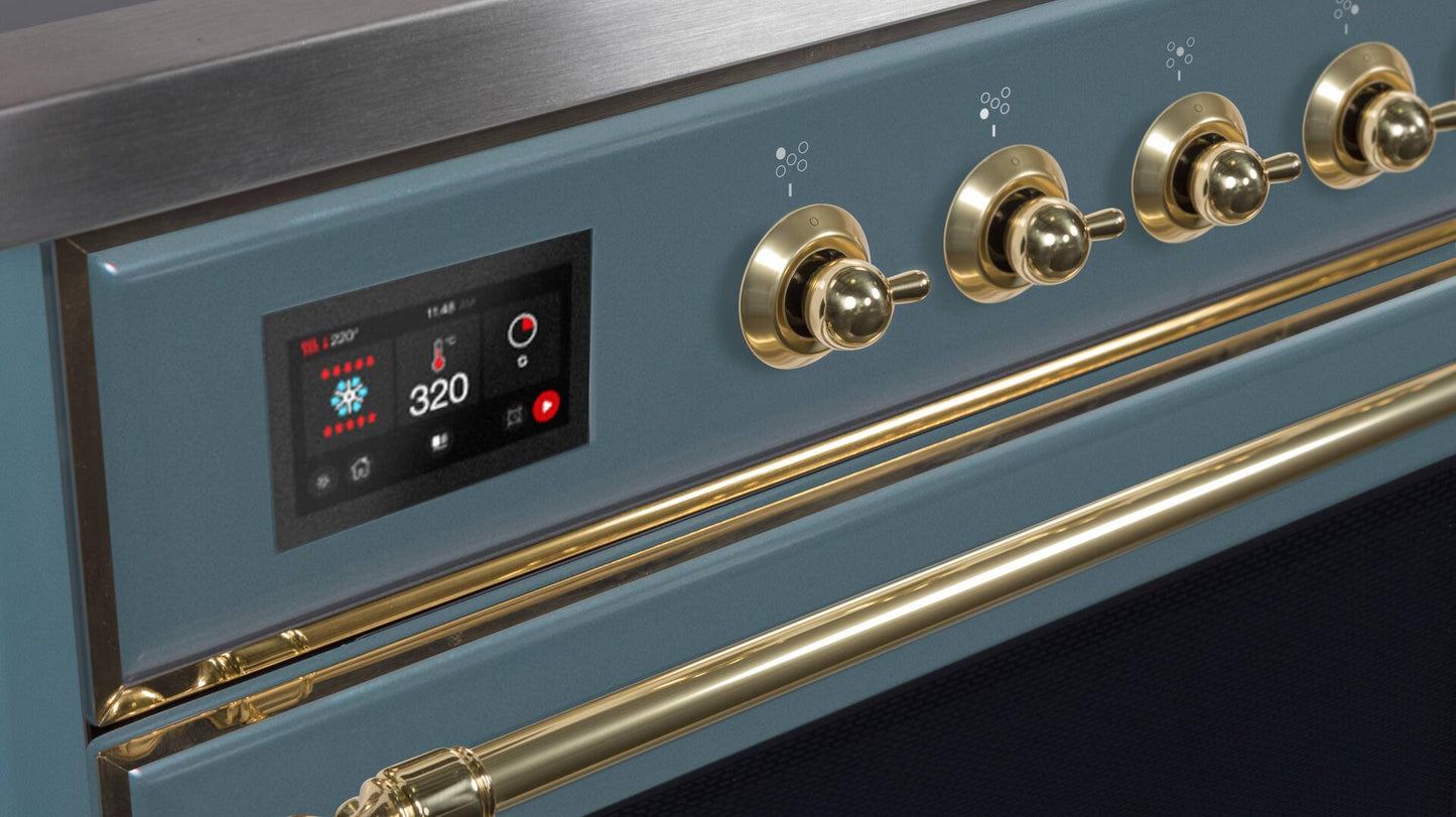 Ilve UM15FDNS3BGGLP Majestic Ii 60 Inch Dual Fuel Liquid Propane Freestanding Range In Blue Grey With Brass Trim