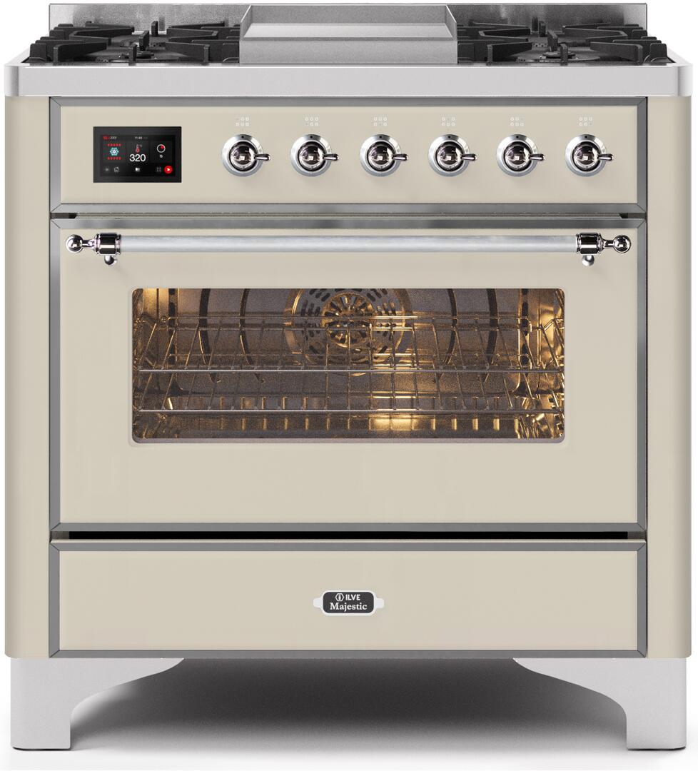 Ilve UM09FDNS3AWCLP Majestic Ii 36 Inch Dual Fuel Liquid Propane Freestanding Range In Antique White With Chrome Trim