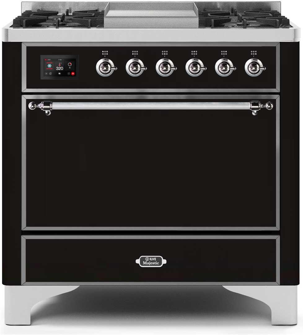 Ilve UM09FDQNS3BKC Majestic Ii 36 Inch Dual Fuel Natural Gas Freestanding Range In Glossy Black With Chrome Trim