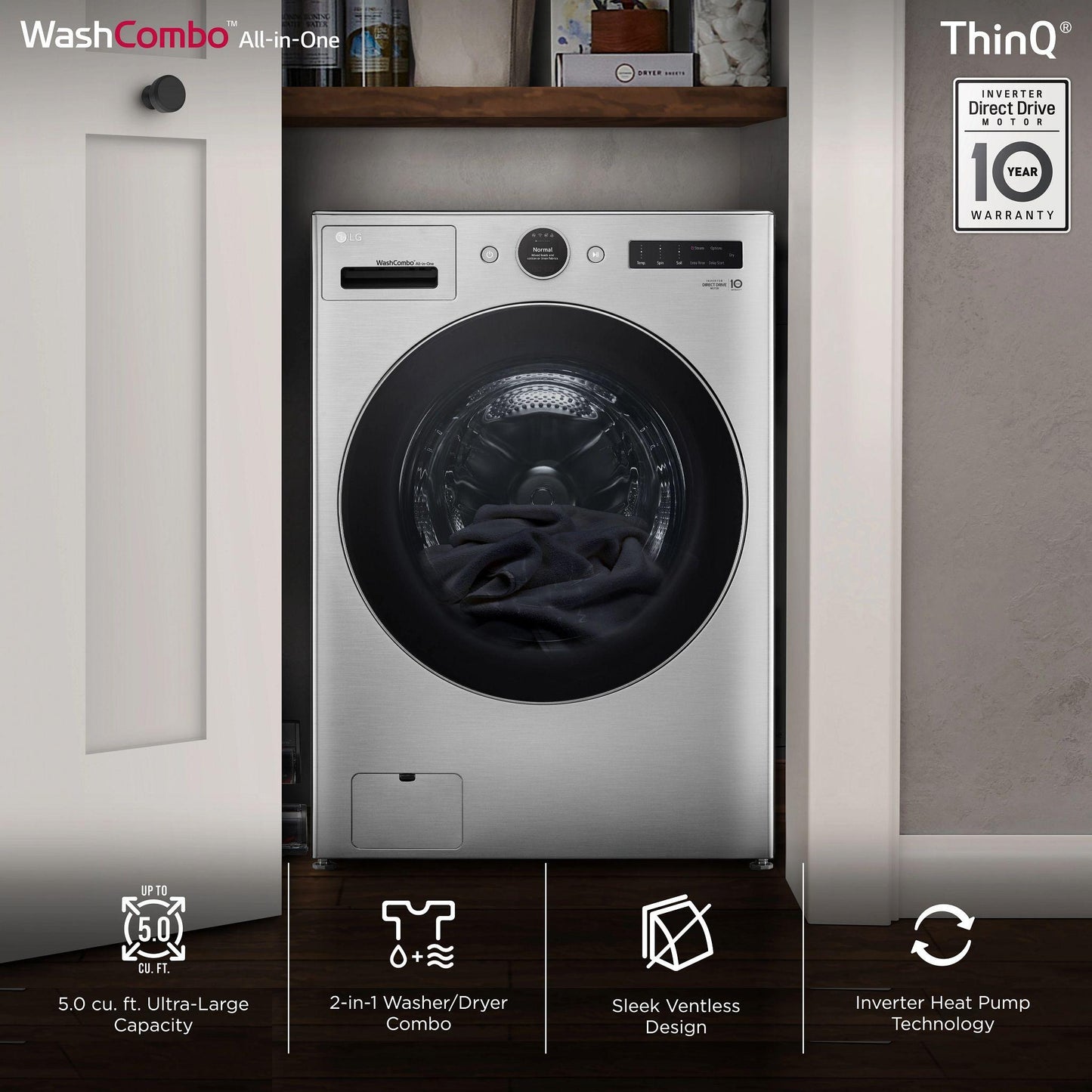 Lg WM6998HVA Ventless Washer/Dryer Combo Lg Washcombo&#8482; All-In-One 5.0 Cu. Ft. Mega Capacity With Inverter Heatpump&#8482; Technology And Direct Drive Motor