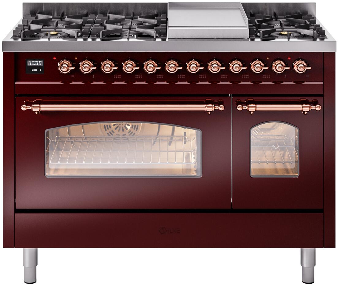 Ilve UP48FNMPBUP Nostalgie Ii 48 Inch Dual Fuel Natural Gas Freestanding Range In Burgundy With Copper Trim