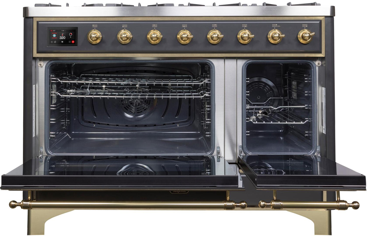 Ilve UM12FDNS3MGGLP Majestic Ii 48 Inch Dual Fuel Liquid Propane Freestanding Range In Matte Graphite With Brass Trim