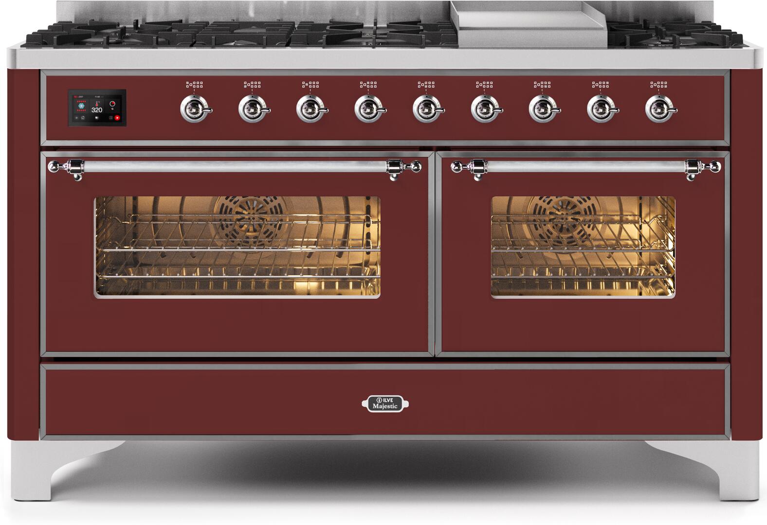 Ilve UM15FDNS3BUC Majestic Ii 60 Inch Dual Fuel Natural Gas Freestanding Range In Burgundy With Chrome Trim