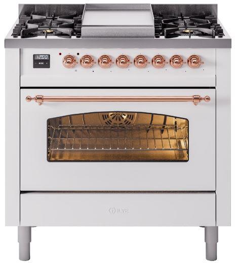 Ilve UP36FNMPWHPLP Nostalgie Ii 36 Inch Dual Fuel Liquid Propane Freestanding Range In White With Copper Trim