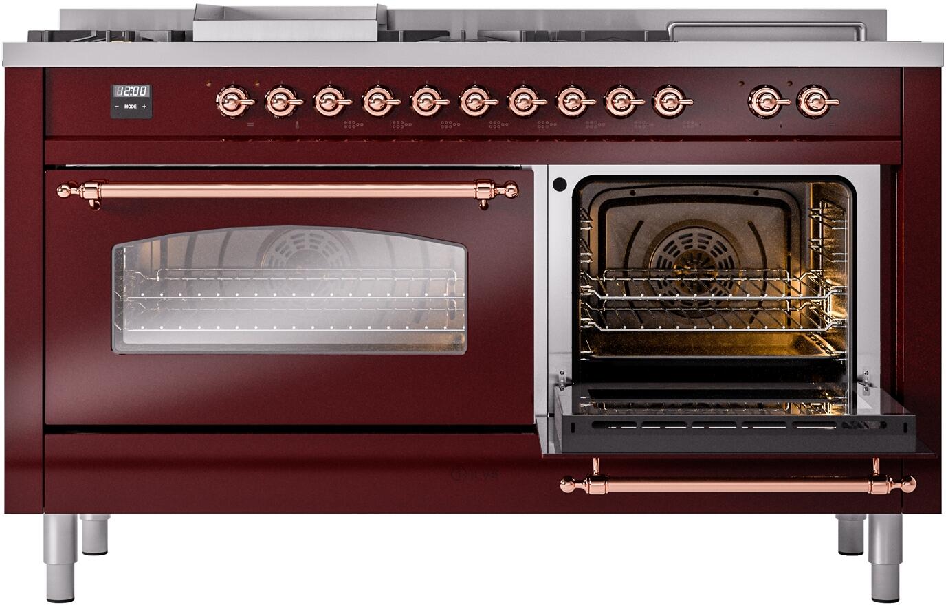 Ilve UP60FSNMPBUPLP Nostalgie Ii 60 Inch Dual Fuel Liquid Propane Freestanding Range In Burgundy With Copper Trim