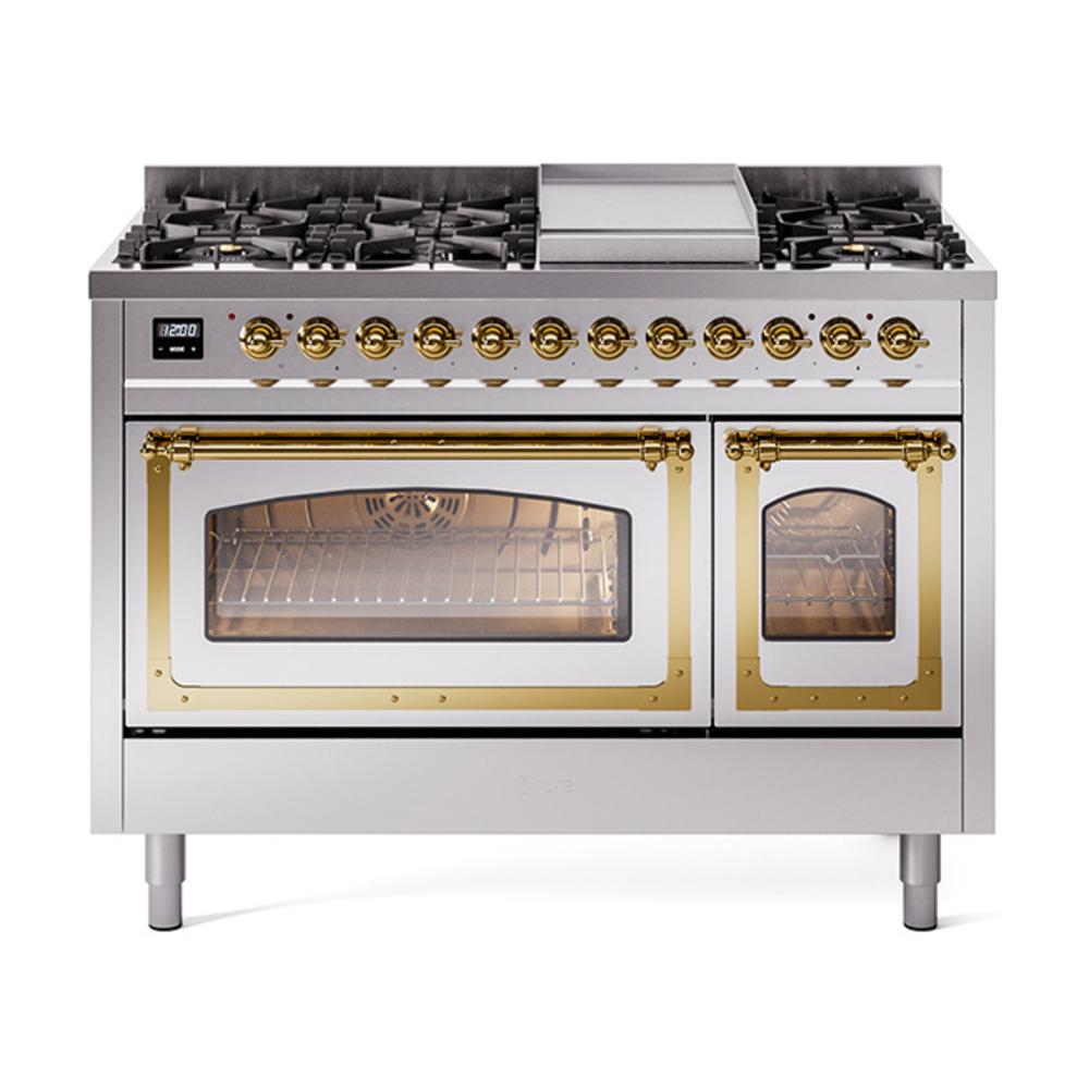 Ilve UN48FNMPSSG Ilve Un48Fnmpssg Nostalgie Ii Noblesse 48" Dual Fuel Range (8 Sealed Burners + Griddle, Natural Gas, Triple Glass Door, Stainless Steel, Brass)