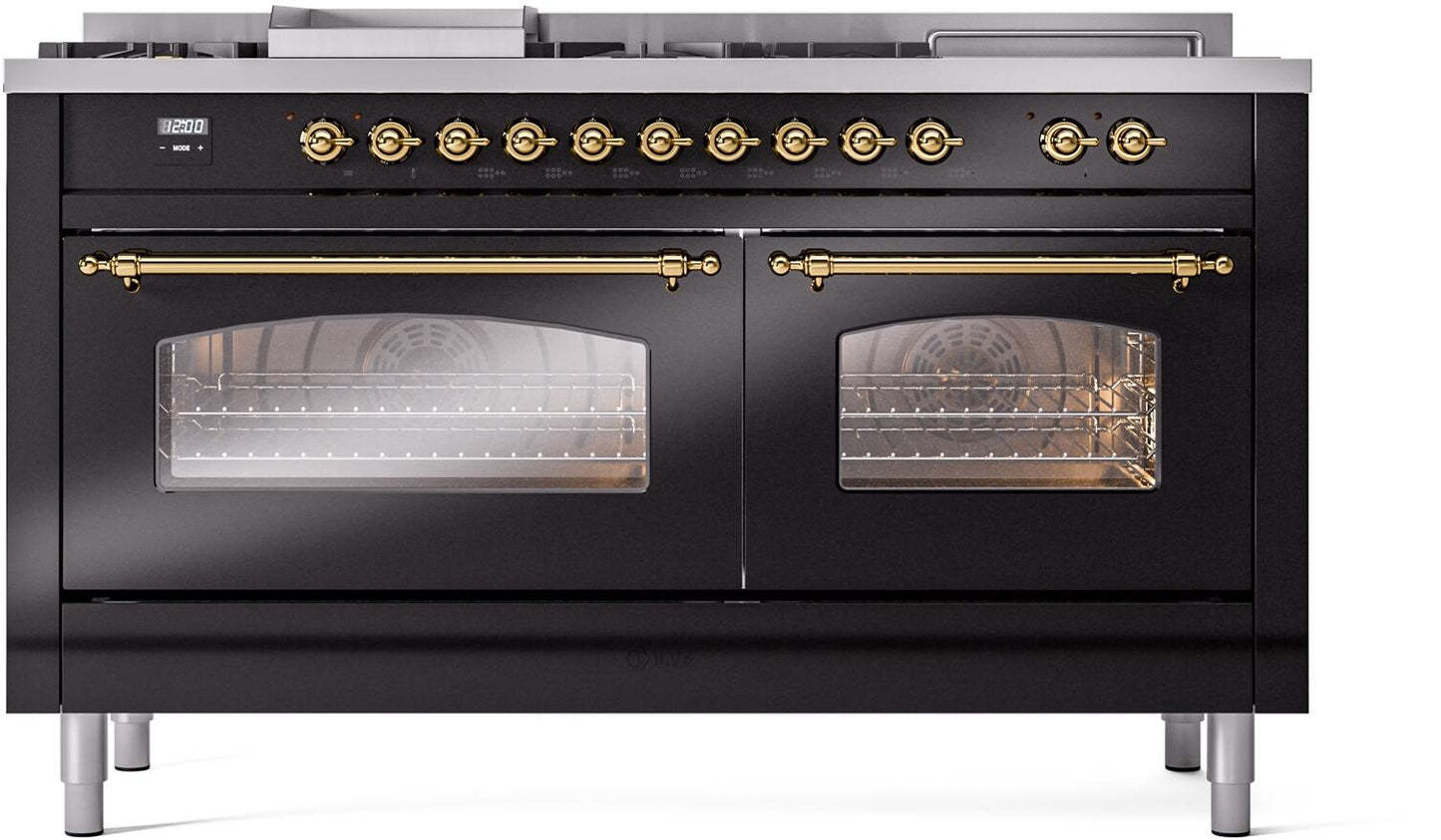 Ilve UP60FSNMPBKG Nostalgie Ii 60 Inch Dual Fuel Natural Gas Freestanding Range In Glossy Black With Brass Trim