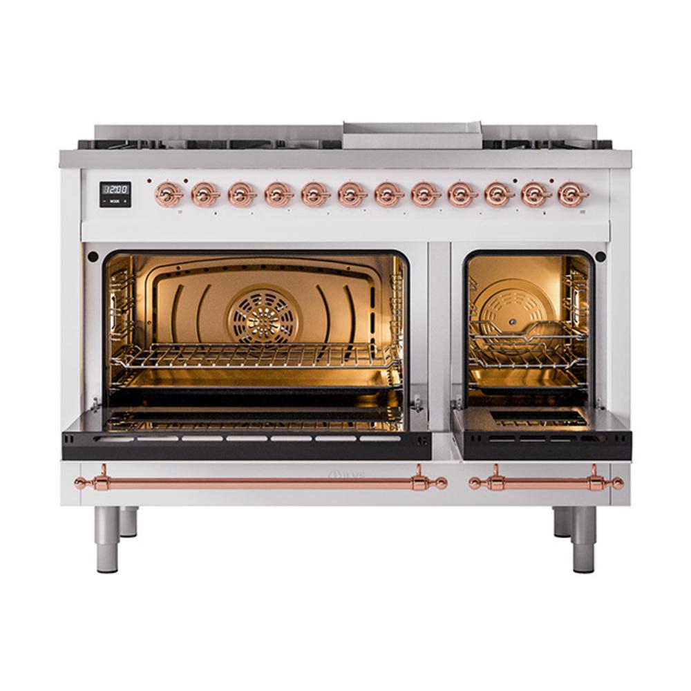 Ilve UN48FNMPWHPLP Ilve Un48Fnmpwhplp Nostalgie Ii Noblesse 48" Dual Fuel Range (8 Sealed Burners + Griddle, Liquid Propane, Triple Glass Door, White, Copper)