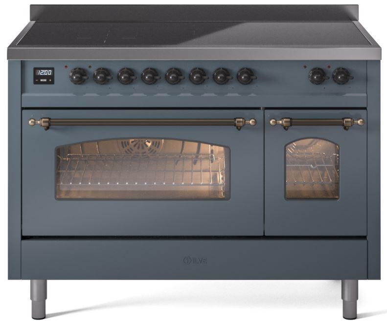 Ilve UPI486NMPBGB Nostalgie Ii 48 Inch Electric Freestanding Range In Blue Grey With Bronze Trim