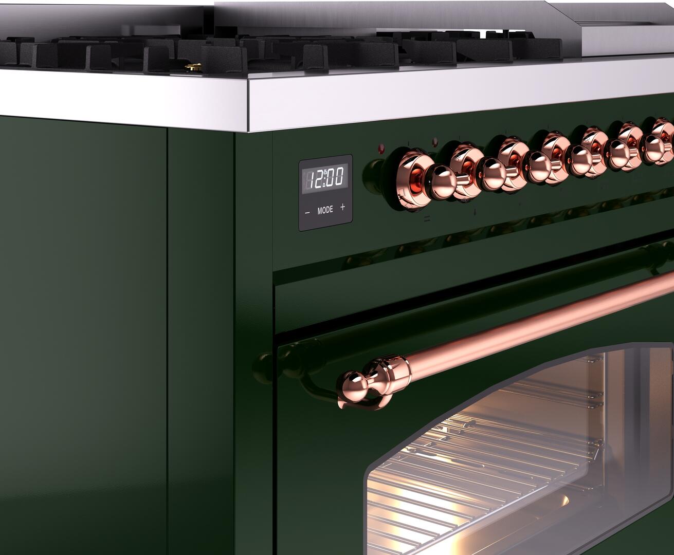 Ilve UP48FNMPEGP Nostalgie Ii 48 Inch Dual Fuel Natural Gas Freestanding Range In Emerald Green With Copper Trim