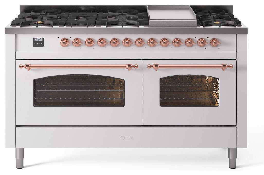 Ilve UP60FNMPWHP Nostalgie Ii 60 Inch Dual Fuel Natural Gas Freestanding Range In White With Copper Trim