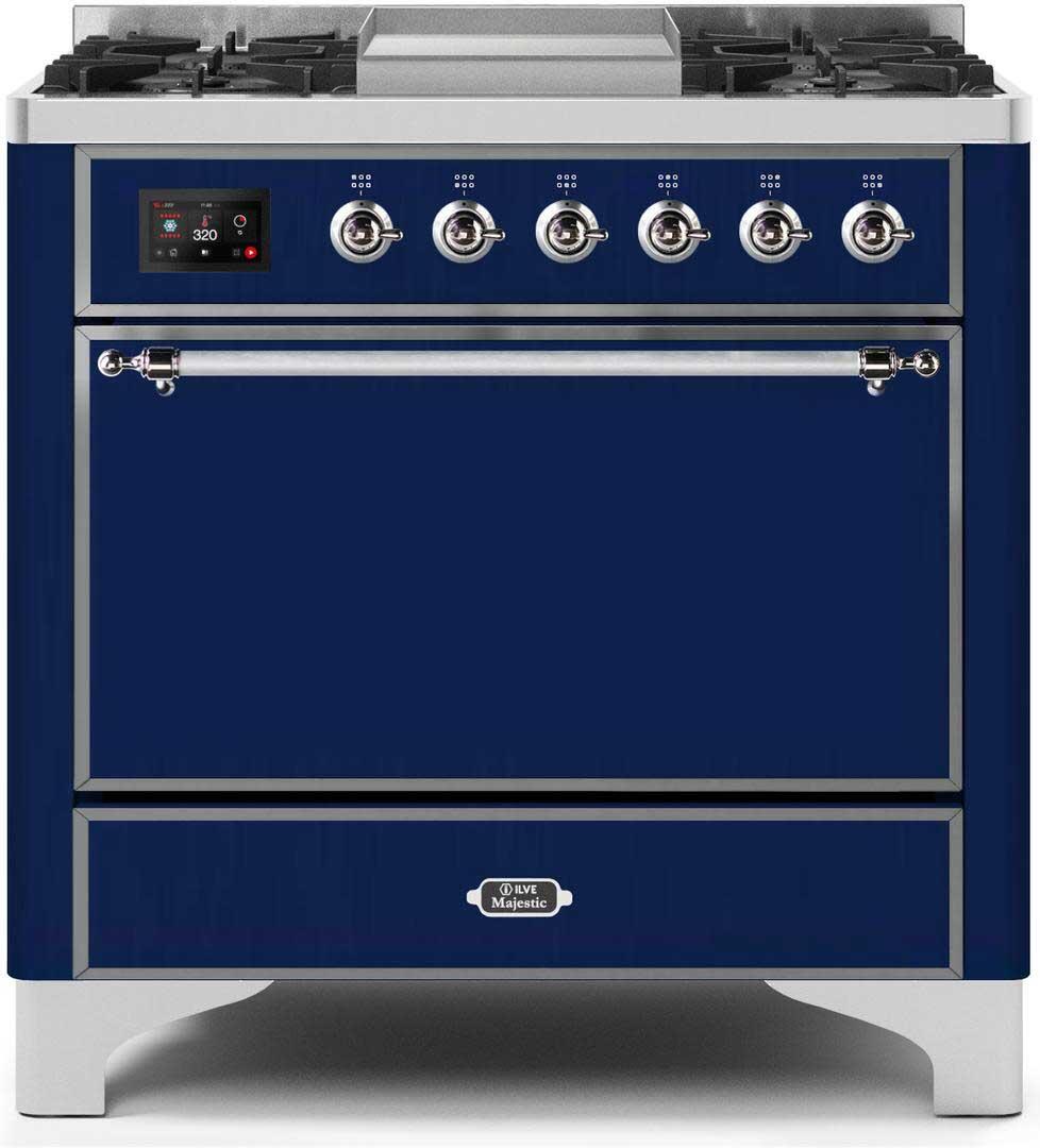 Ilve UM09FDQNS3MBCLP Majestic Ii 36 Inch Dual Fuel Liquid Propane Freestanding Range In Blue With Chrome Trim