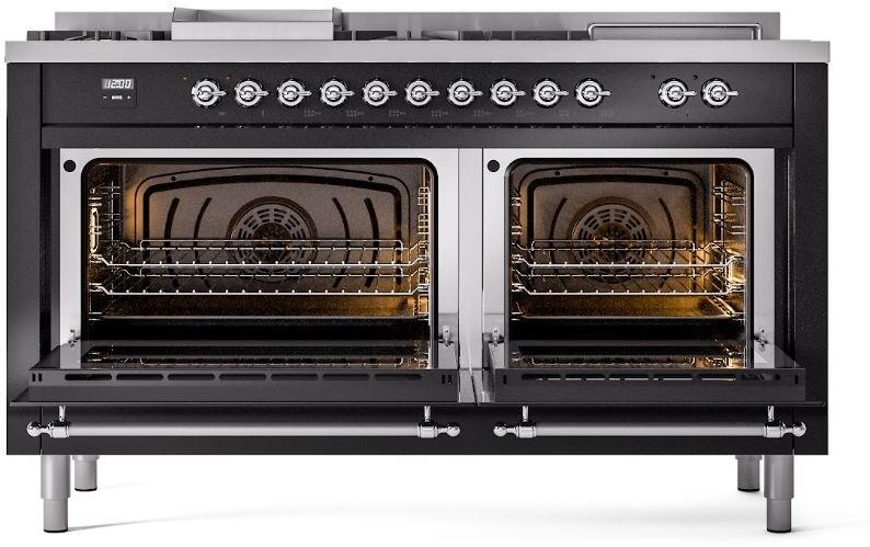 Ilve UP60FSNMPBKC Nostalgie Ii 60 Inch Dual Fuel Natural Gas Freestanding Range In Glossy Black With Chrome Trim