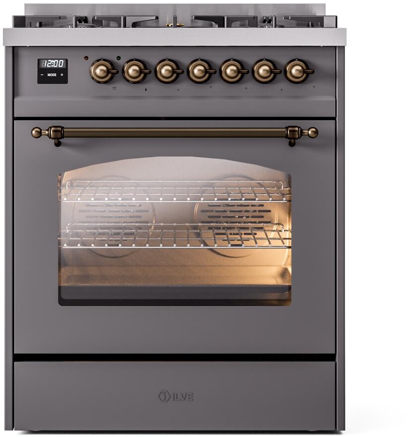 Ilve UP30NMPMGB Nostalgie Ii 30 Inch Dual Fuel Natural Gas Freestanding Range In Matte Graphite With Bronze Trim