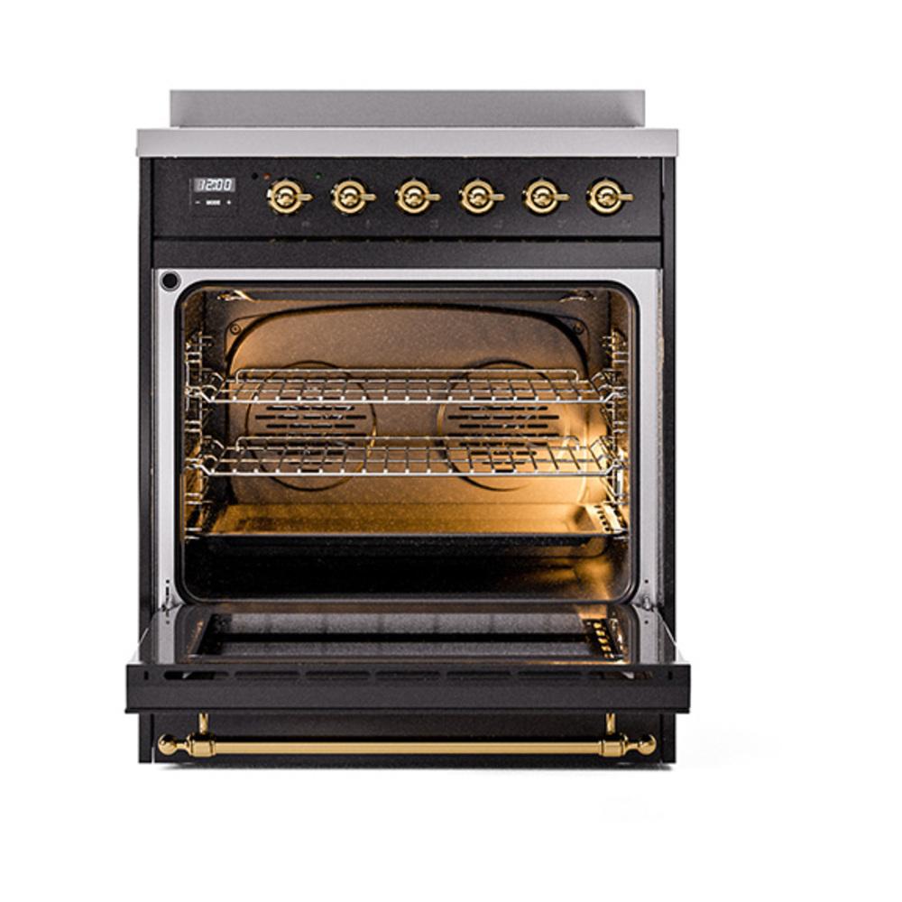 Ilve UNI304NMPBKG Ilve Uni304Nmpbkg Nostalgie Ii Noblesse 30" Induction Range (Triple Glass Door, Glossy Black, Brass)