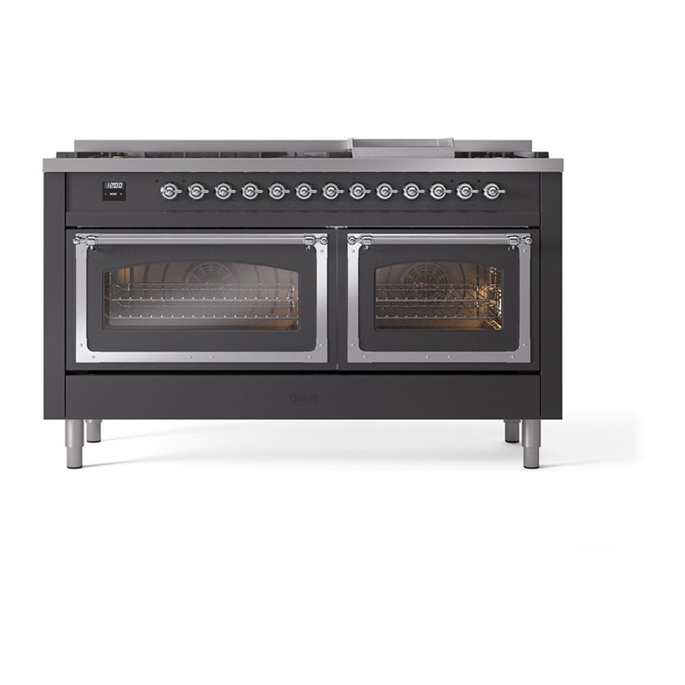 Ilve UN60FNMPMGC Ilve Un60Fnmpmgc Nostalgie Ii Noblesse 60" Dual Fuel Range (9 Sealed Burners + Griddle, Natural Gas, Triple Glass Door, Graphite Matte, Chrome)