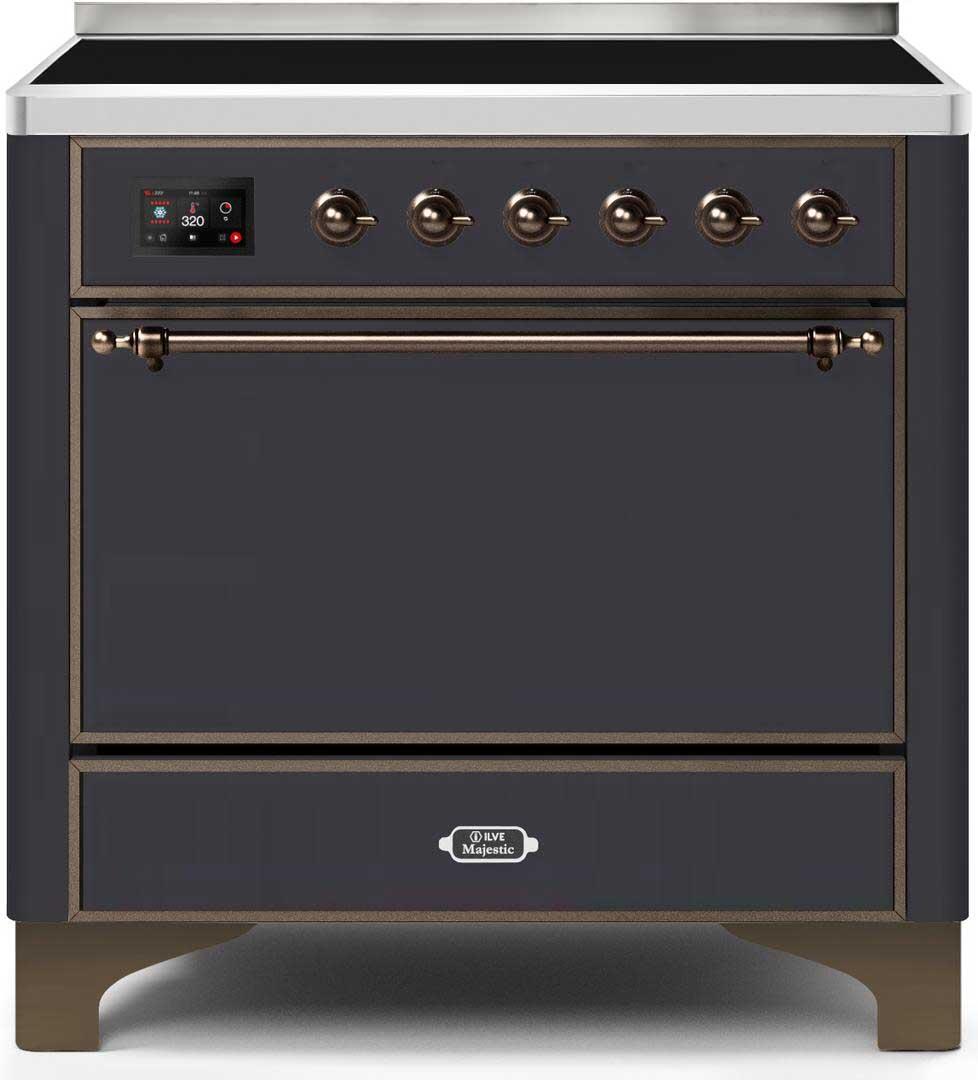 Ilve UMI09QNS3MGB Majestic Ii 36 Inch Electric Freestanding Range In Matte Graphite With Bronze Trim