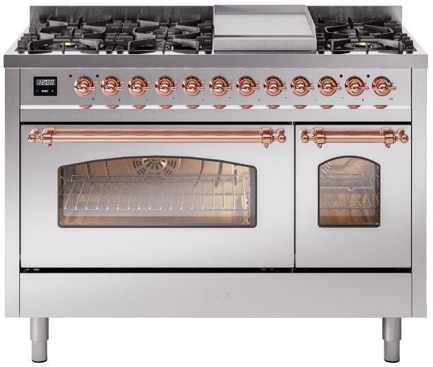 Ilve UP48FNMPSSP Nostalgie Ii 48 Inch Dual Fuel Natural Gas Freestanding Range In Stainless Steel With Copper Trim