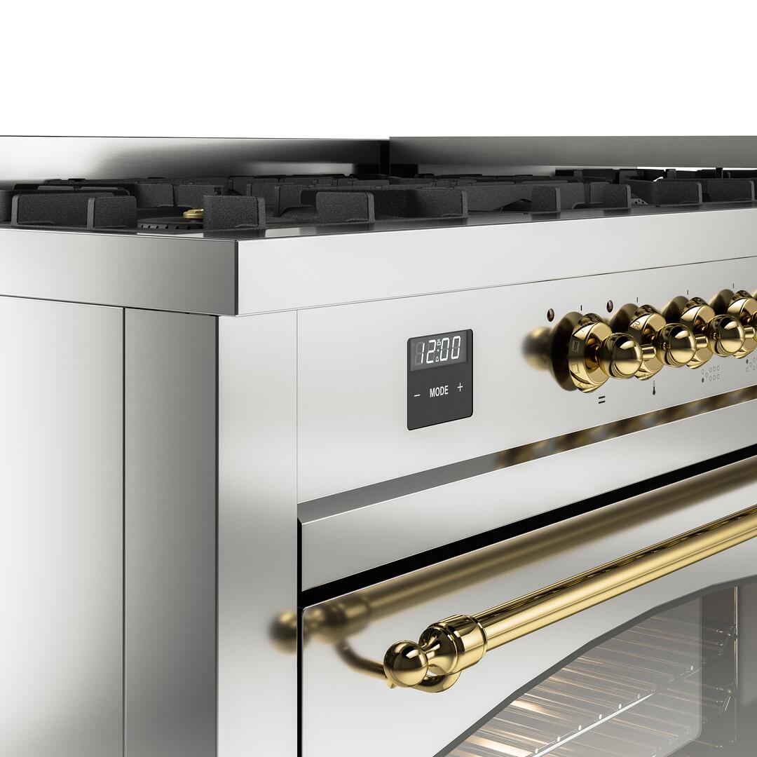 Ilve UP60FNMPSSG Nostalgie Ii 60 Inch Dual Fuel Natural Gas Freestanding Range In Stainless Steel With Brass Trim