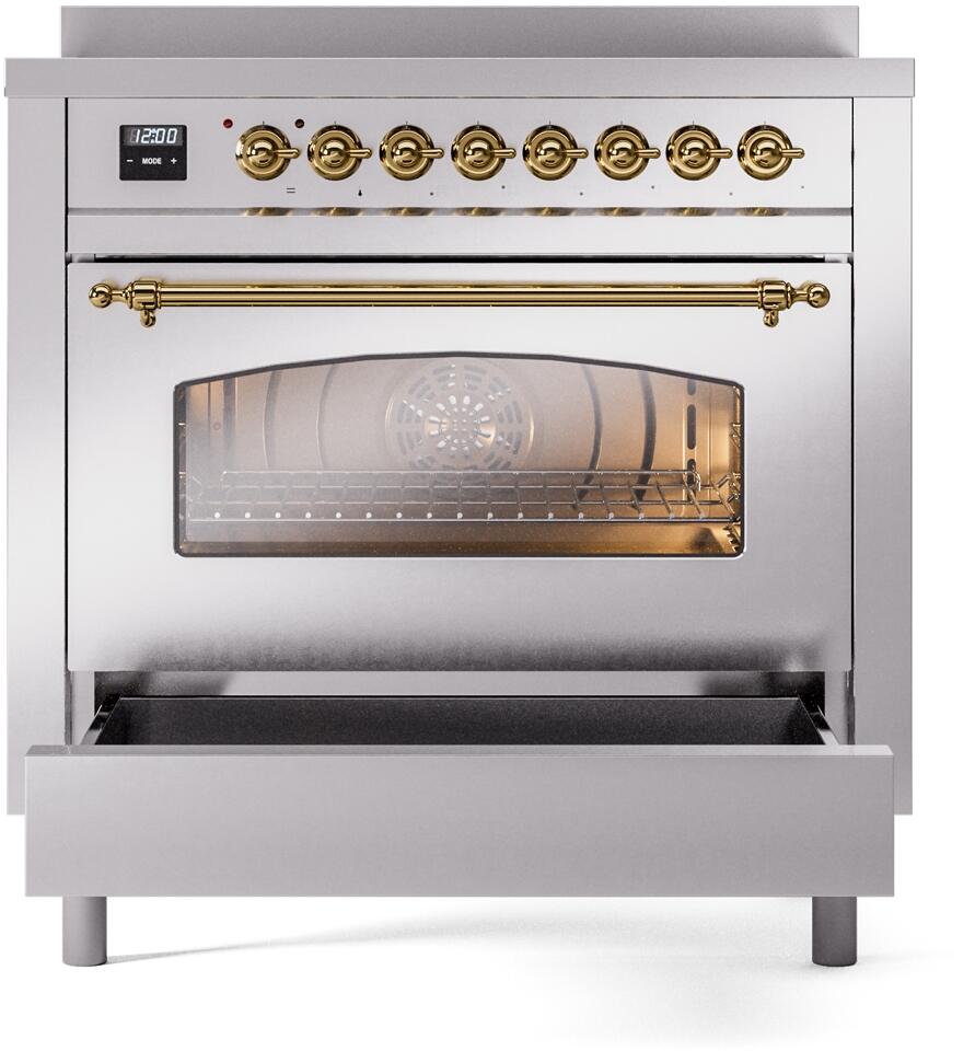 Ilve UPI366NMPSSG Nostalgie Ii 36 Inch Electric Freestanding Range In Stainless Steel With Brass Trim