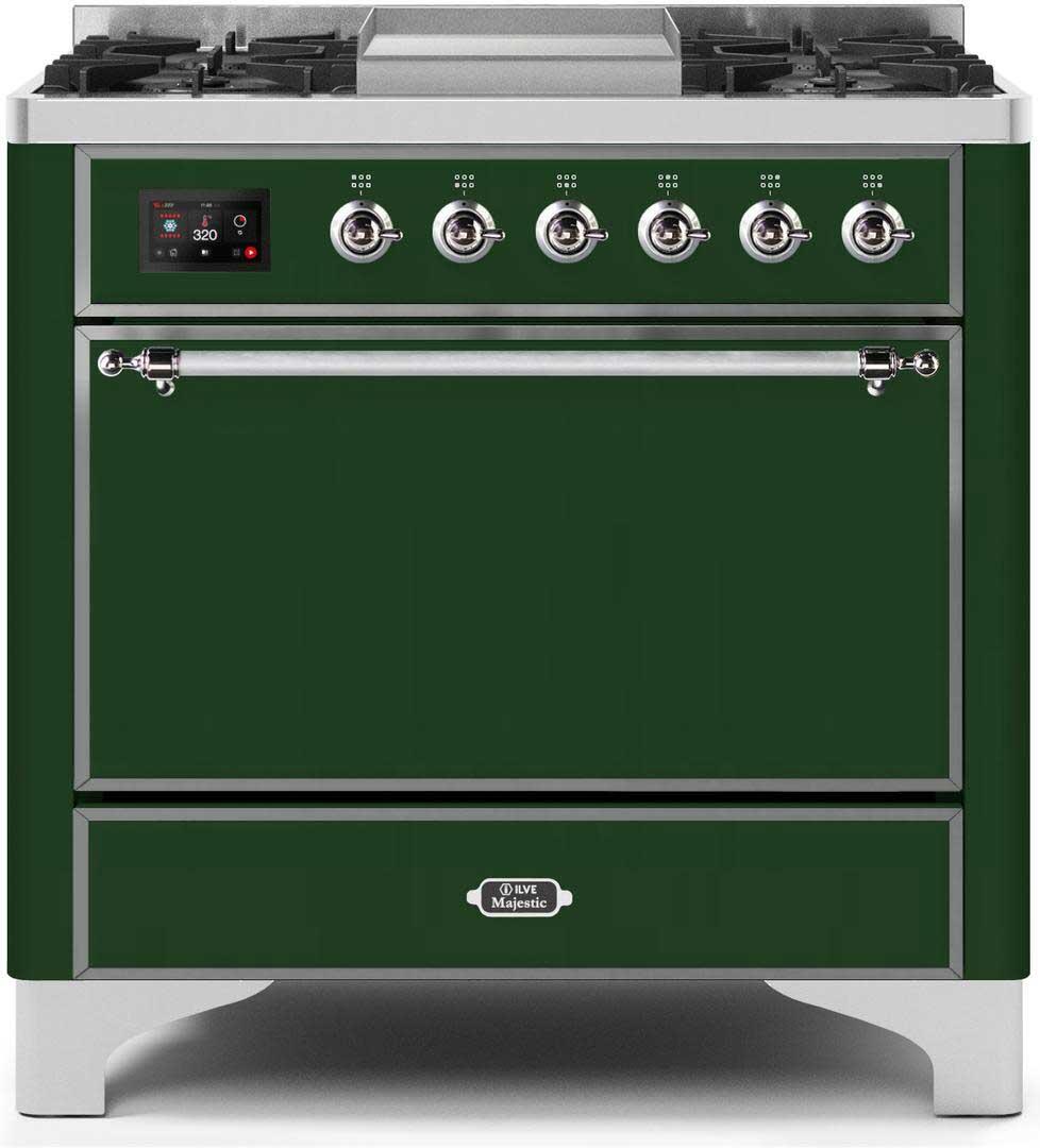 Ilve UM09FDQNS3EGC Majestic Ii 36 Inch Dual Fuel Natural Gas Freestanding Range In Emerald Green With Chrome Trim