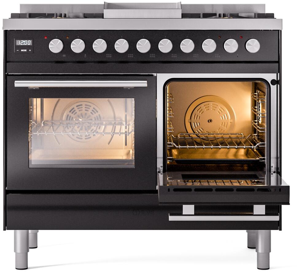 Ilve UPD40FWMPBKLP Professional Plus Ii 40 Inch Dual Fuel Liquid Propane Freestanding Range In Glossy Black With Trim