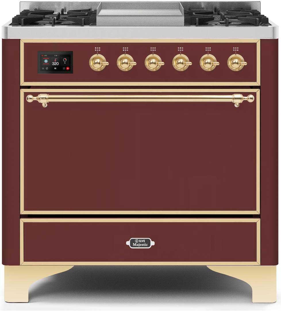 Ilve UM09FDQNS3BUGLP Majestic Ii 36 Inch Dual Fuel Liquid Propane Freestanding Range In Burgundy With Brass Trim