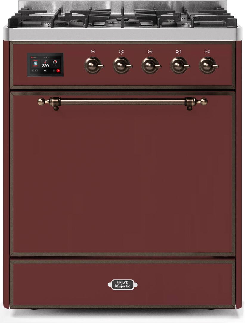 Ilve UM30DQNE3BUBLP Majestic Ii 30 Inch Dual Fuel Liquid Propane Freestanding Range In Burgundy With Bronze Trim