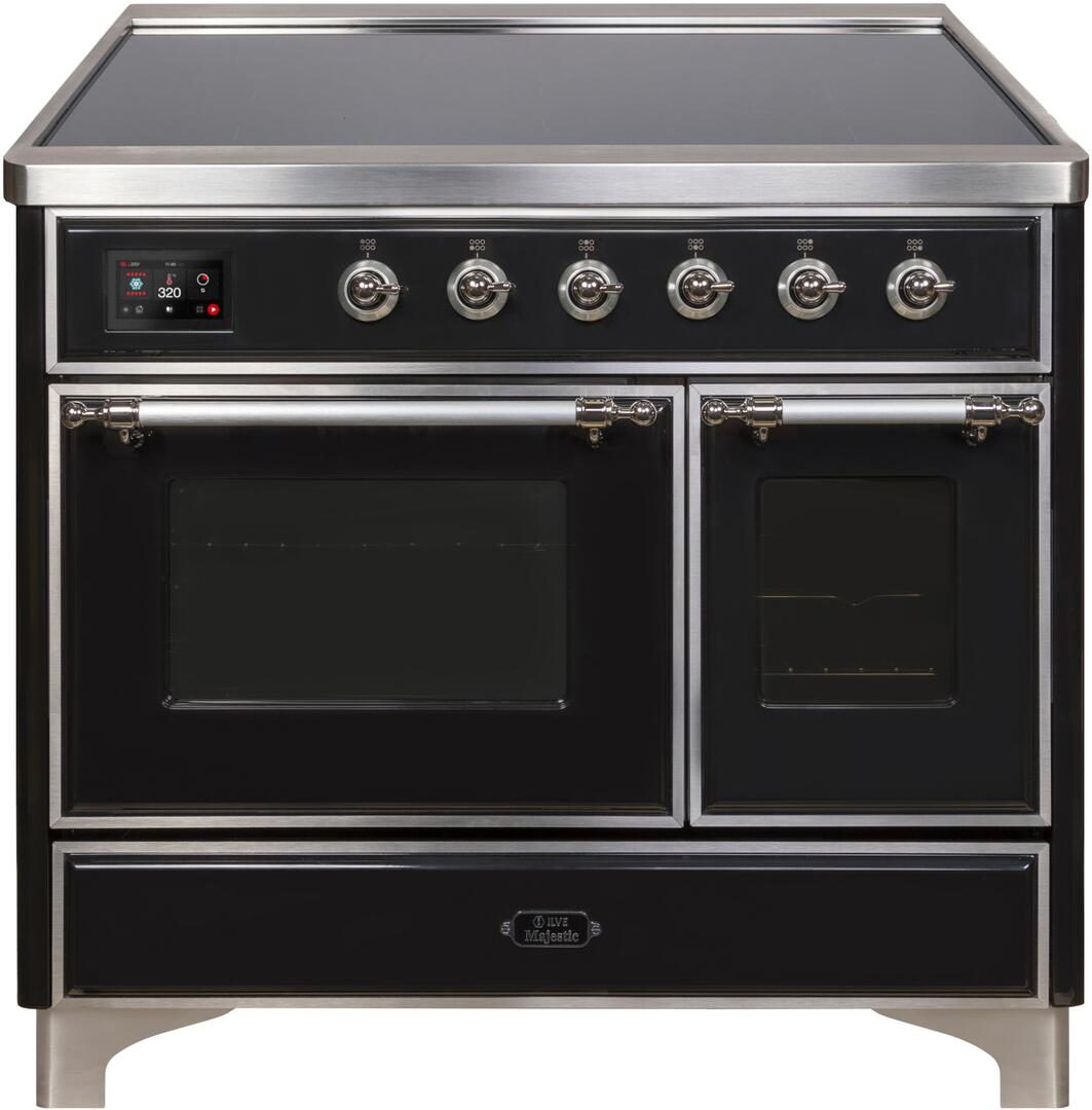 Ilve UMDI10NS3BKC Majestic Ii 40 Inch Electric Freestanding Range In Glossy Black With Chrome Trim