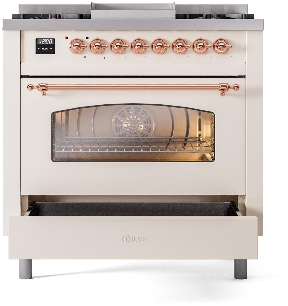 Ilve UP36FNMPAWP Nostalgie Ii 36 Inch Dual Fuel Natural Gas Freestanding Range In Antique White With Copper Trim