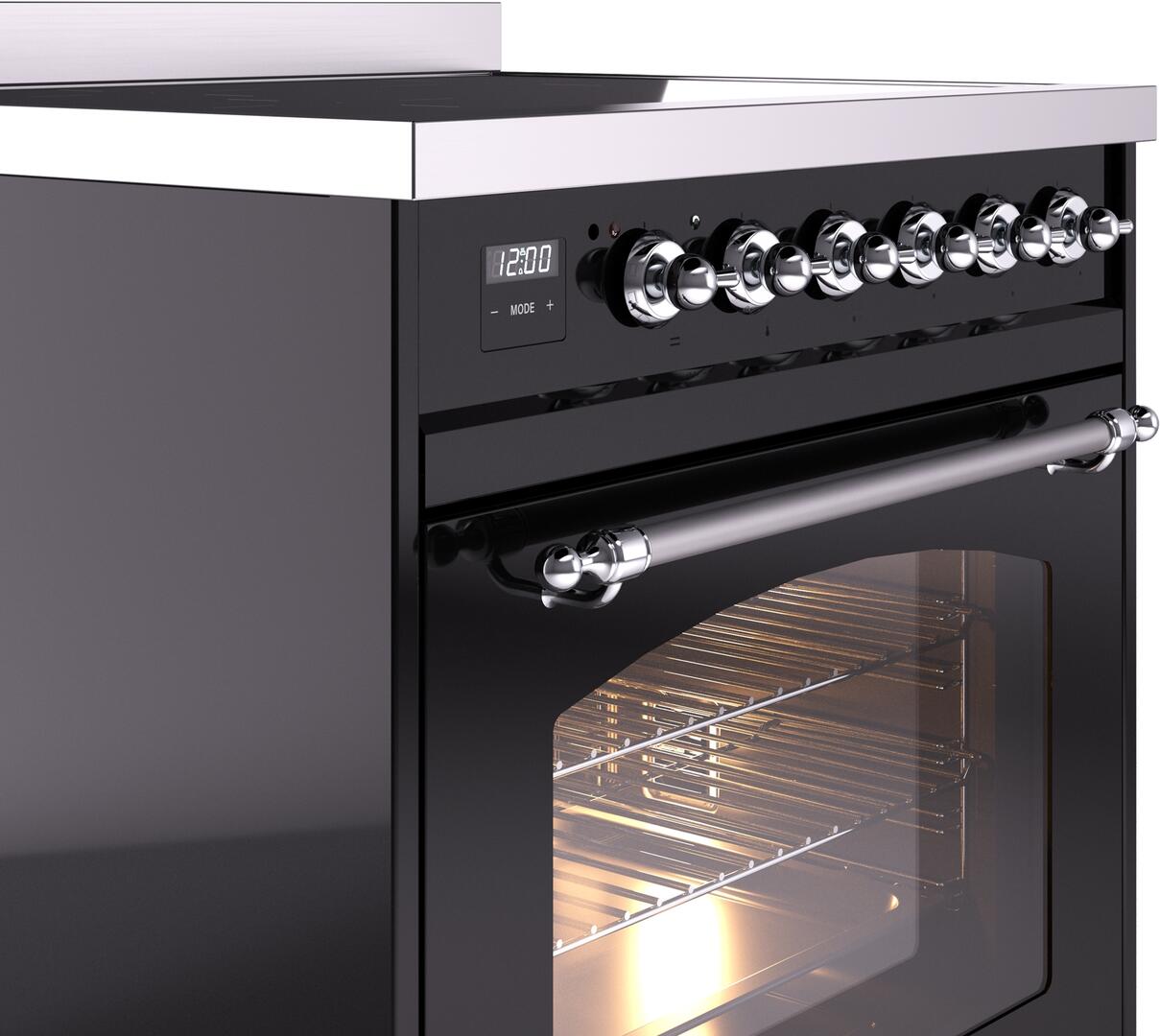 Ilve UPI304NMPBKC Nostalgie Ii 30 Inch Electric Freestanding Range In Glossy Black With Chrome Trim