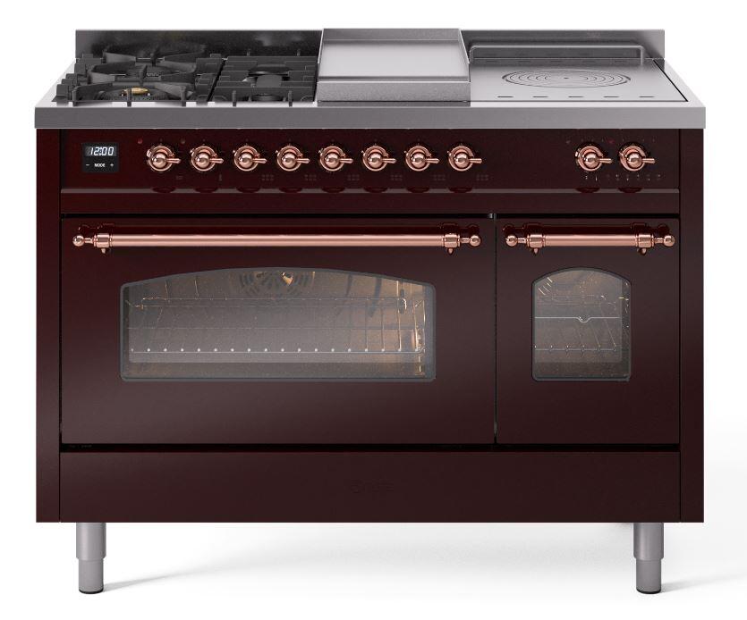 Ilve UP48FSNMPBUPLP Nostalgie Ii 48 Inch Dual Fuel Liquid Propane Freestanding Range In Burgundy With Copper Trim